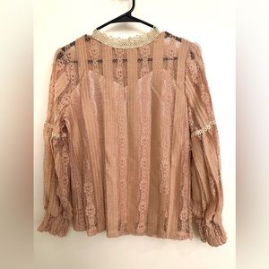 Pink Shirts Long Sleeve Mock Neck Plain Lace Blouse
